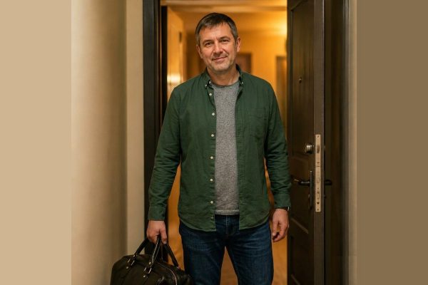 Врач-нарколог в гражданской одежде с саквояжем у двери — выезд на дом без опознавательных знаков